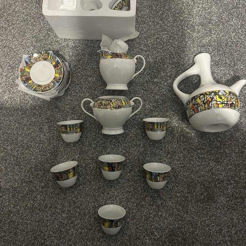 Ethiopian Saba Jabena Coffee Pot & Cups Set | 17-Piece Porcelain Coffee Ceremony Set